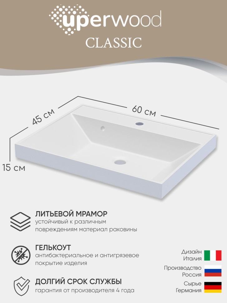 Раковина для ванной 60 см, Uperwood Classic, белая глянцевая