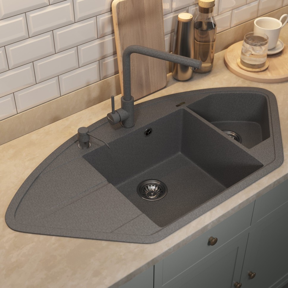 Кухонная мойка кварцевая Uperwood Quartz Premium UPD-06-03, угловая двухсекционная, серая