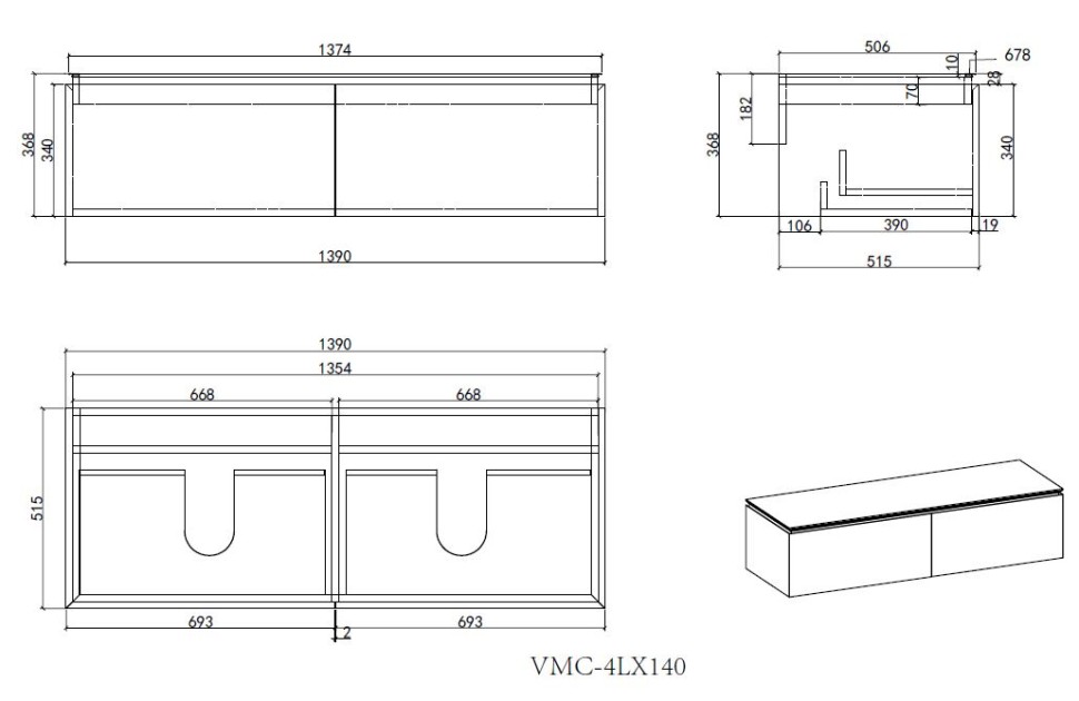 База под раковину Vincea  Luxe 1400 подвесная, 2 выкатных ящика soft close, натуральный орех