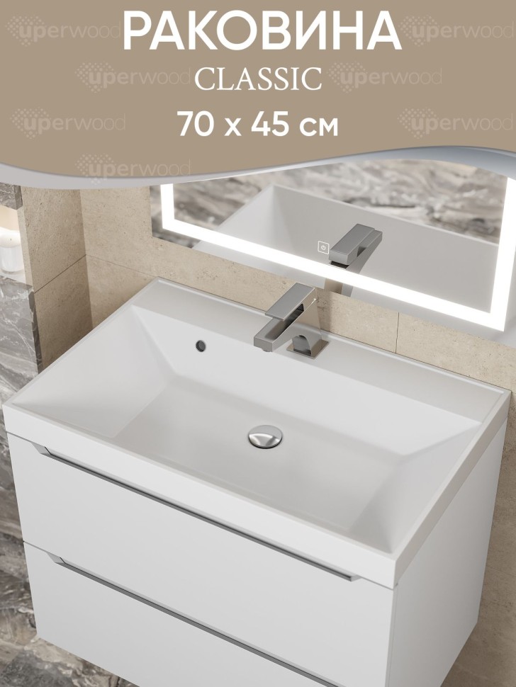 Раковина для ванной 70 см, Uperwood Classic, белая глянцевая