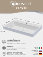 Раковина для ванной 70 см, Uperwood Classic, белая глянцевая