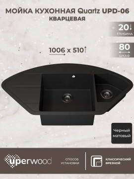 Кухонная мойка кварцевая Uperwood Quartz Premium UPD-06-04, угловая двухсекционная, черная