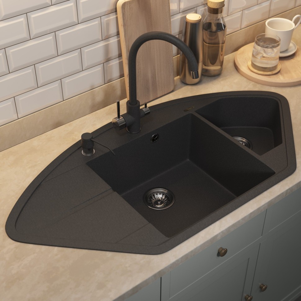 Кухонная мойка кварцевая Uperwood Quartz Premium UPD-06-04, угловая двухсекционная, черная