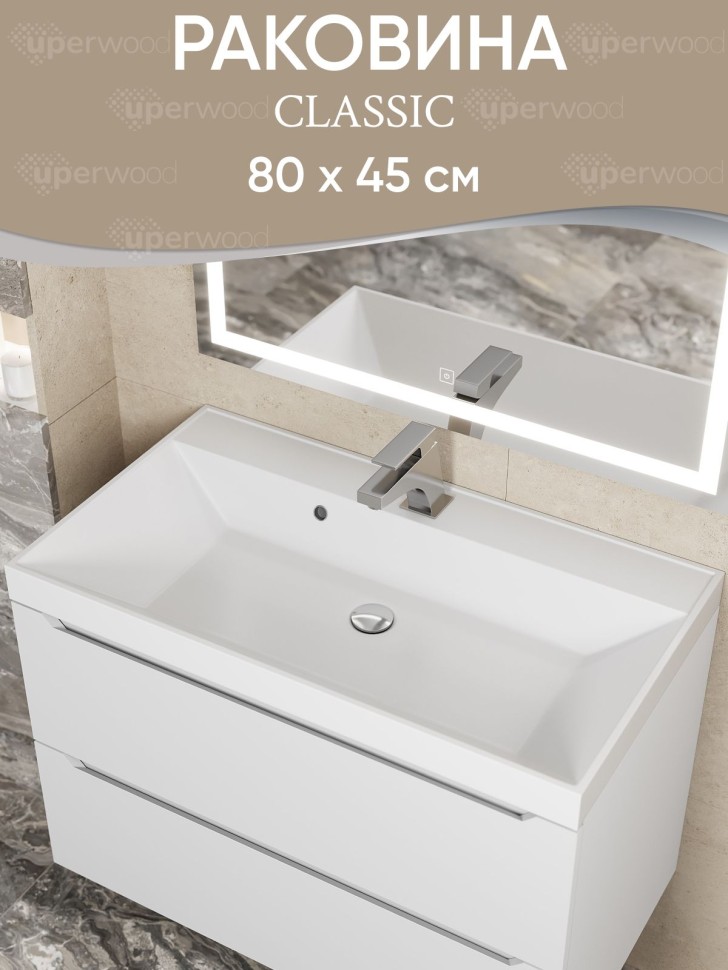 Раковина для ванной 80 см, Uperwood Classic, белая глянцевая