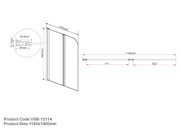 Душевая шторка на ванну VSB-12114CH-R, 1140*1400, хром, стекло шиншилла, правая
