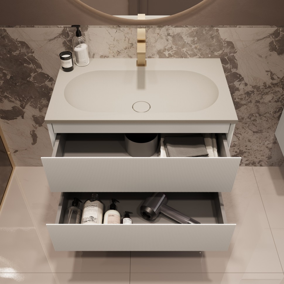 База под раковину Welle 800 подвесная, 2 выкатных ящика soft-close, M.White