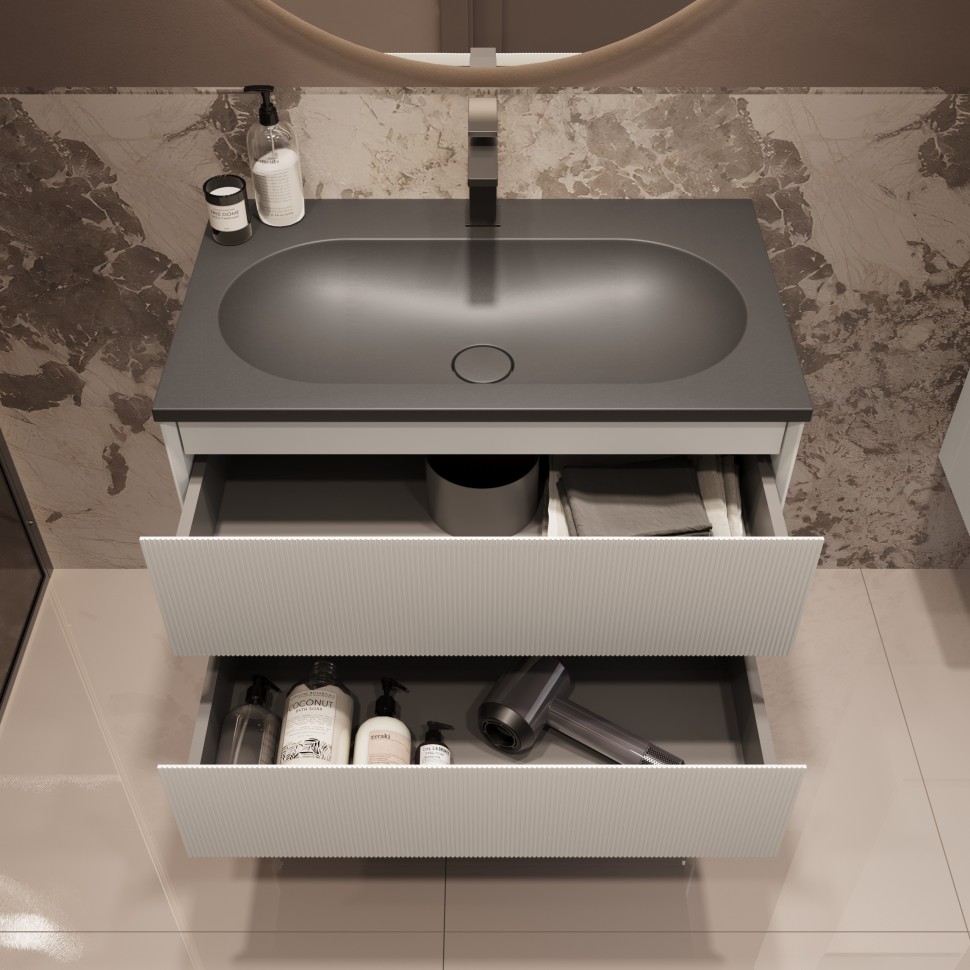 База под раковину Welle 800 подвесная, 2 выкатных ящика soft-close, M.White