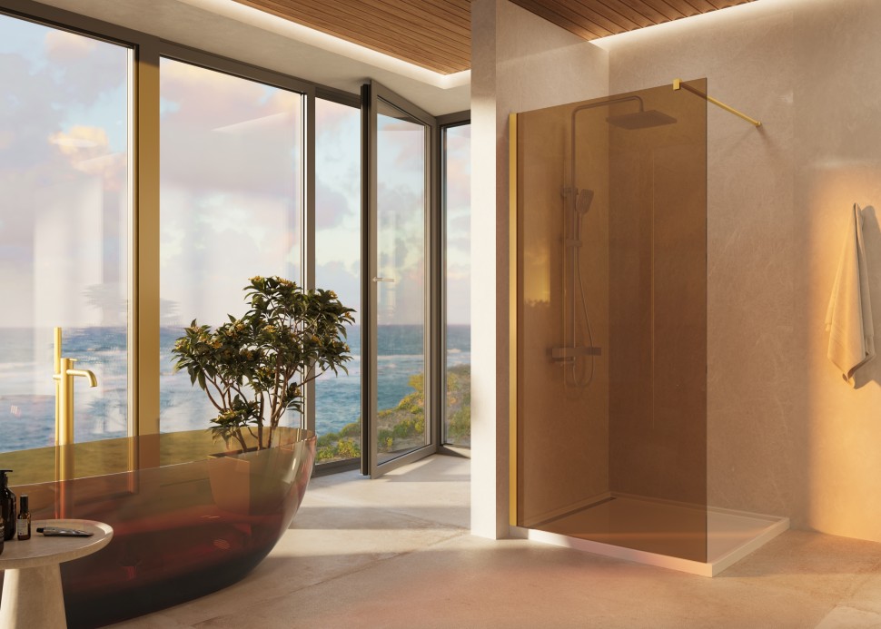 Душевая перегородка Walk-In VSW-1H900GSG, 900*2000, брашированное золото, стекло янтарь