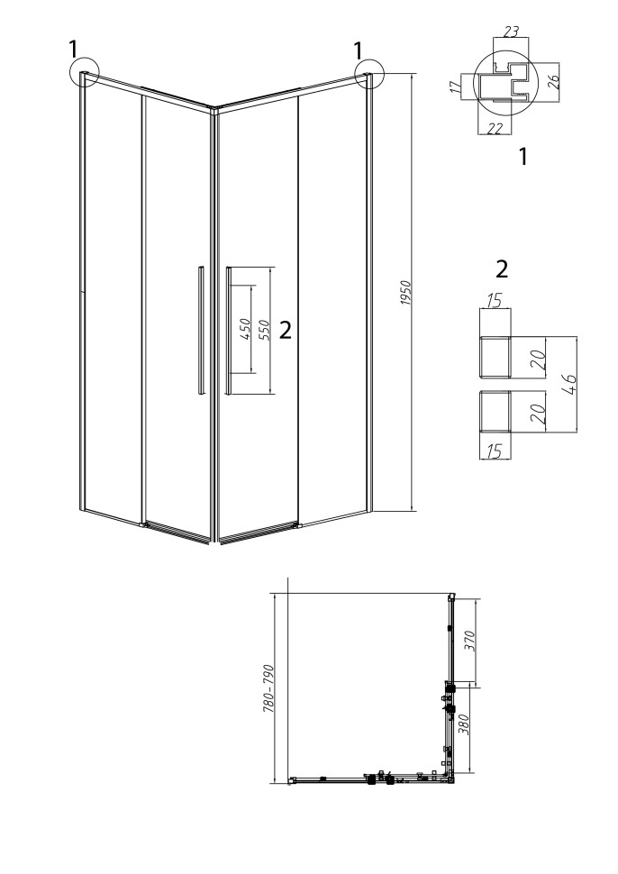1/2 душевого ограждения Grossman Galaxy 1/2.K33.01.80.21.02 (80х195) раздвижная(правая),черный матовый,стекло шиншилла,1 место