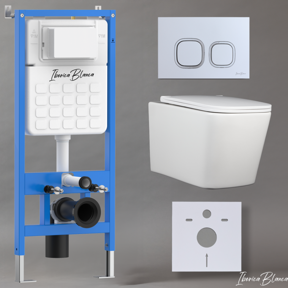 Комплект 3в1 IBERICA BLANCA инсталляция SILENCIO, унитаз TOLEDO ALTO белый, кнопка смыва ESTI-Q хром матовый (IB001.TLA.231.834)