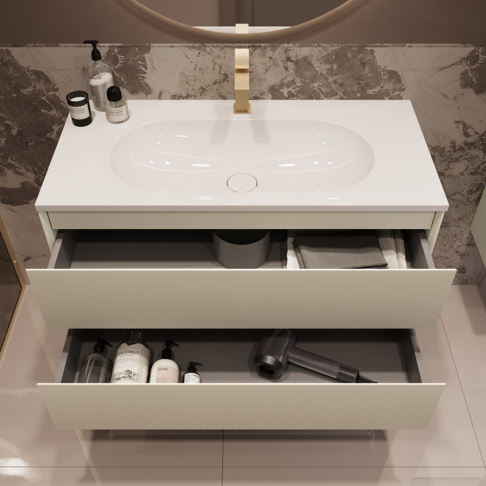 База под раковину Welle 1000 подвесная, 2 выкатных ящика soft-close, M.Beige