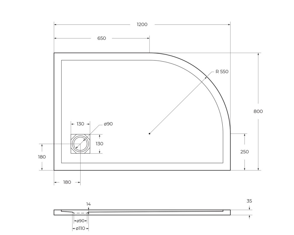 Душевой поддон из искусственного мрамора в комплекте с сифоном BelBagno UNO TRAY-MR-UNO-RH-120/80-550-35-W-R-CR