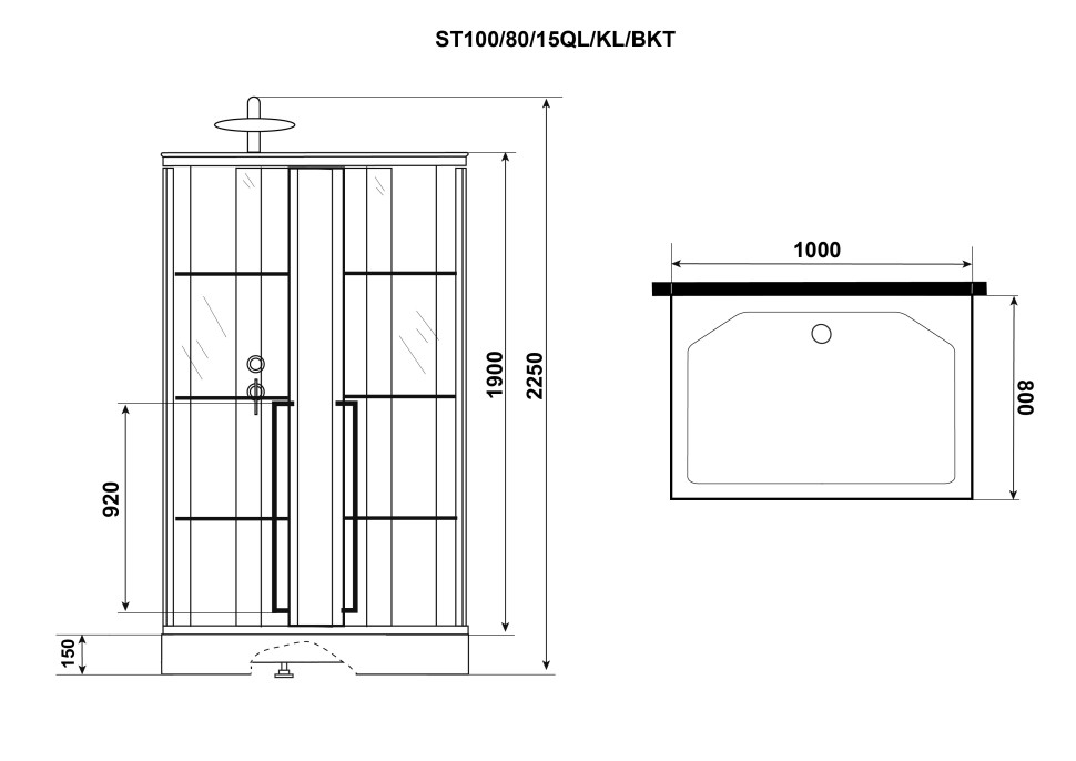 Душевая кабина Niagara Standart ST100/80/15QL/KL/BKT (100х80х225) низкий поддон(15см),черный,стекло прозрачное,3 места