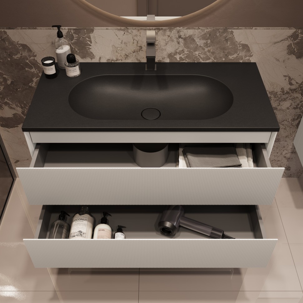 База под раковину Welle 1000 подвесная, 2 выкатных ящика soft-close, M.White