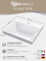 Раковина для ванной 50 см, Uperwood Classic New, белая глянцевая, с накладкой для слива