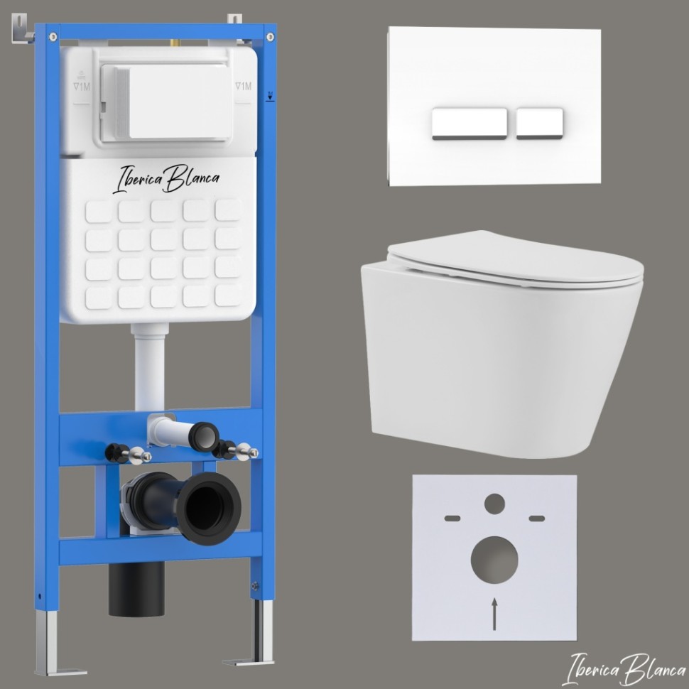 Комплект 3в1 IBERICA BLANCA инсталляция SILENCIO, унитаз BURGOS ALTO белый, кнопка смыва CRYSTAL-R белый глянцевый (IB001.BRA.234.2210)