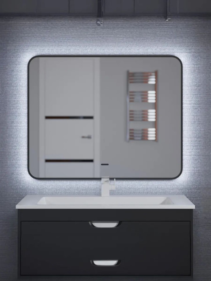 Зеркало для ванной с холодной подсветкой Uperwood Modul 100х80 см, прямоугольное, черное, сенсор/антизапотевание