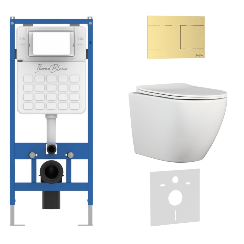 Комплект 3в1 IBERICA BLANCA инсталляция SILENCIO, унитаз BILBAO ALTO белый, кнопка смыва INOX-R золото матовое (IB001.BLA.231.1503)