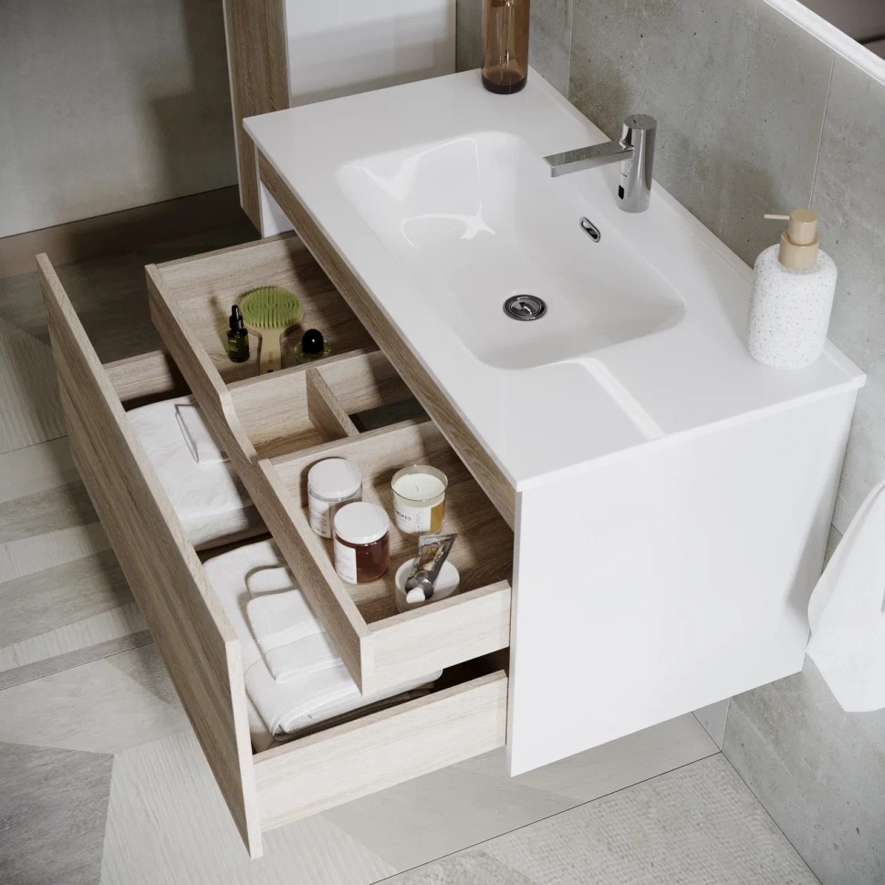 Тумба подвесная SANCOS Smart 990х450х500, c двумя ящиками оснащенными доводчиками, дуб бардолино/белый , арт. SM100E
